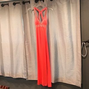 Long coral/bright orange prom dress